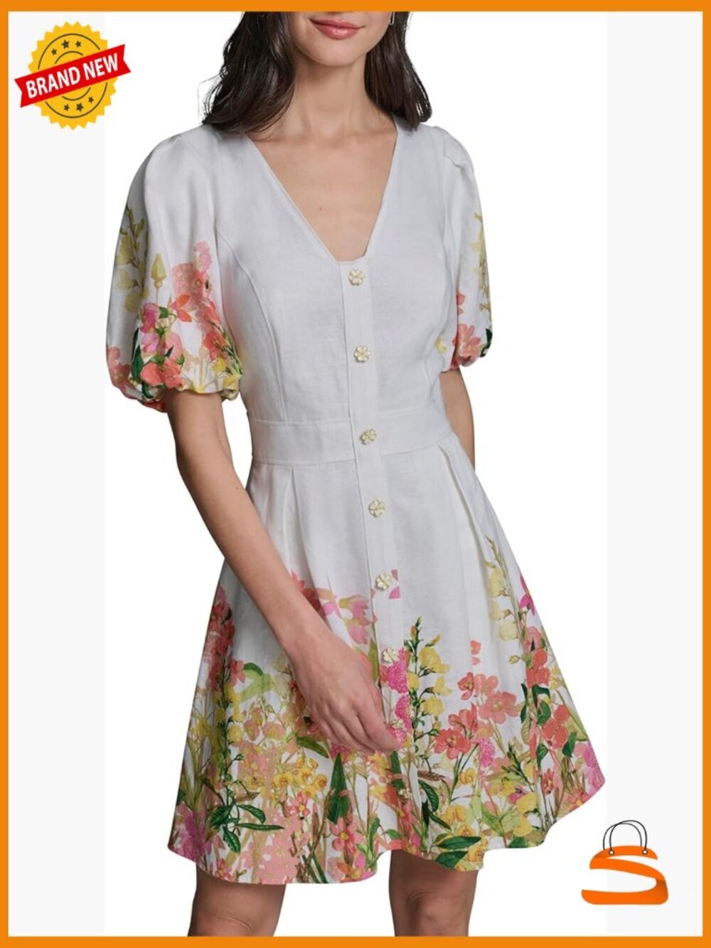 Short Sleeve V-Neck Linen Fit & Flare Flower Button Dress